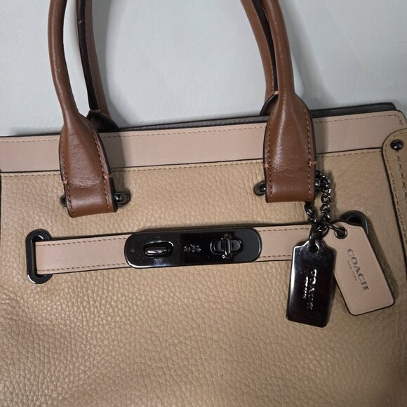 Coach Swagger 27 Carryall Pebble Leather Colorblock Beige Saddle Brown Gunmetal - Picture 5 of 8